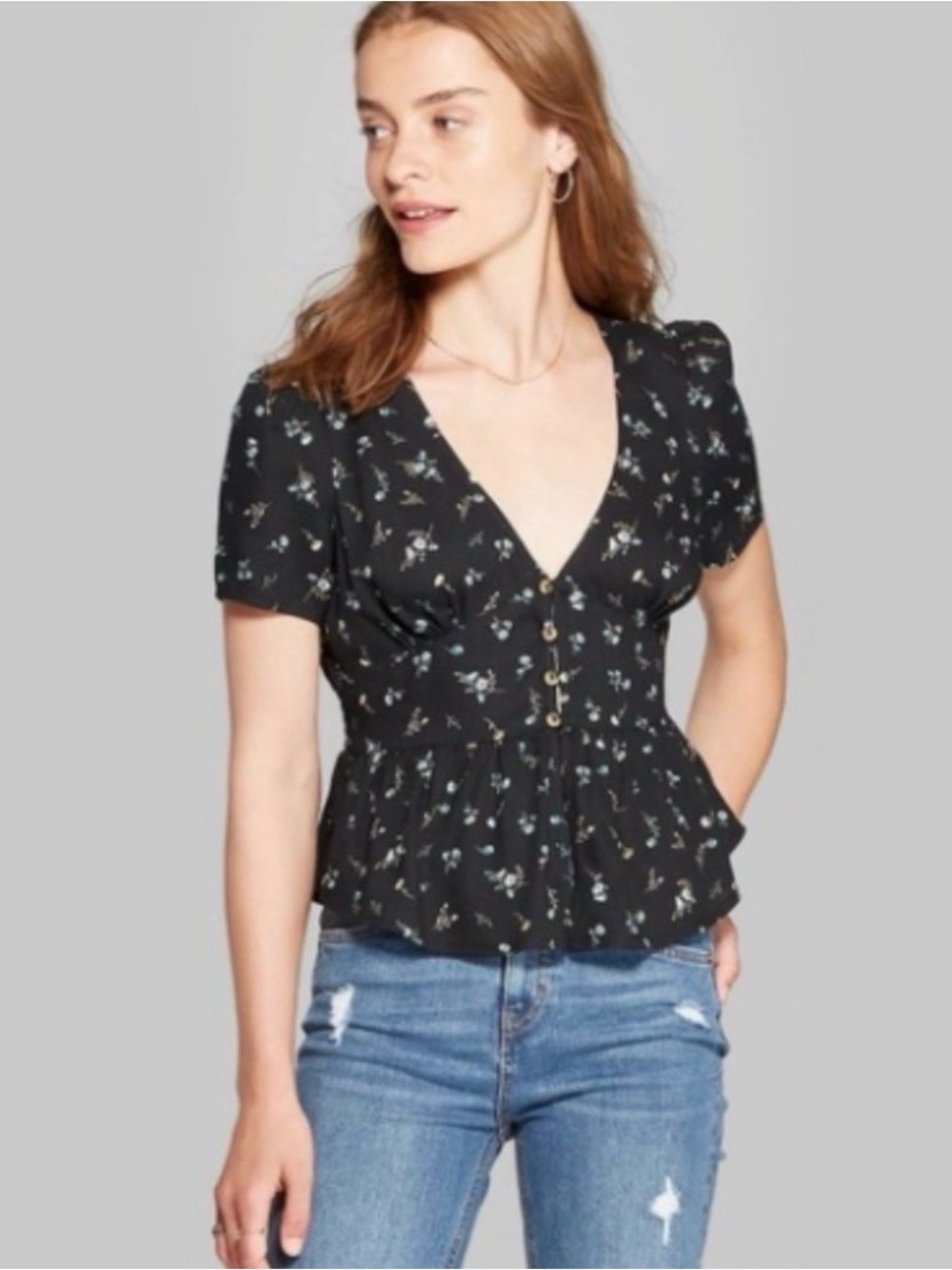 wild fable Black Floral V-Neck Peplum Blouse